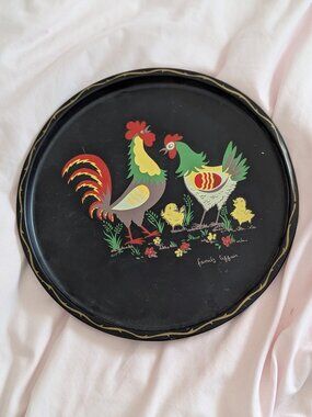 Family Affair Black Rooster Hen Metal Tray 11"